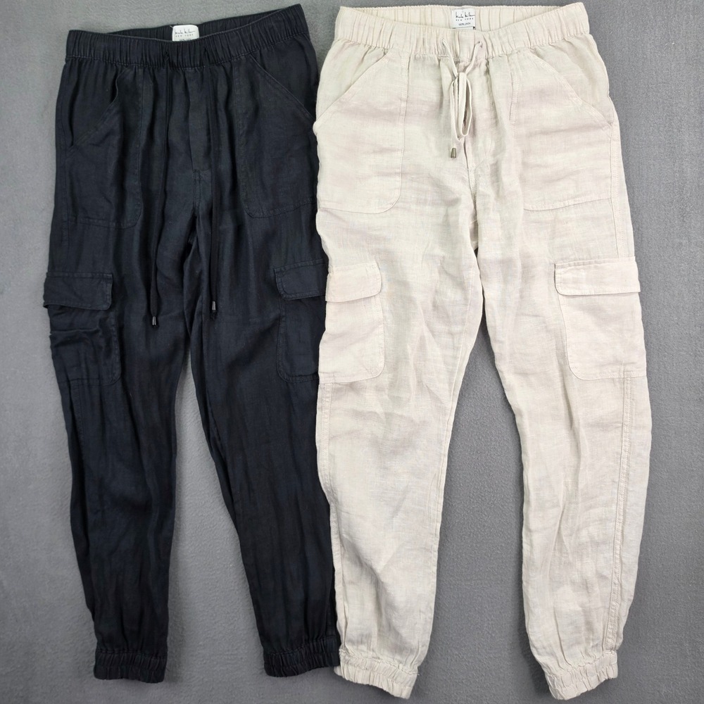 Nicole Miller Cargo Jogger Pants Bundle Black Oatmeal Small 100% Linen Utility